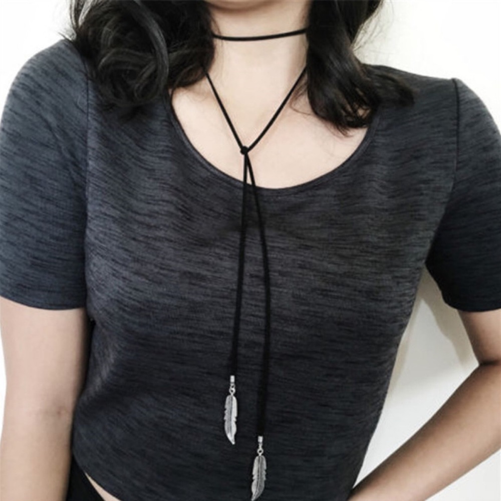 Boho Black Sueded Feather Wrap Choker - Picture 3 of 5